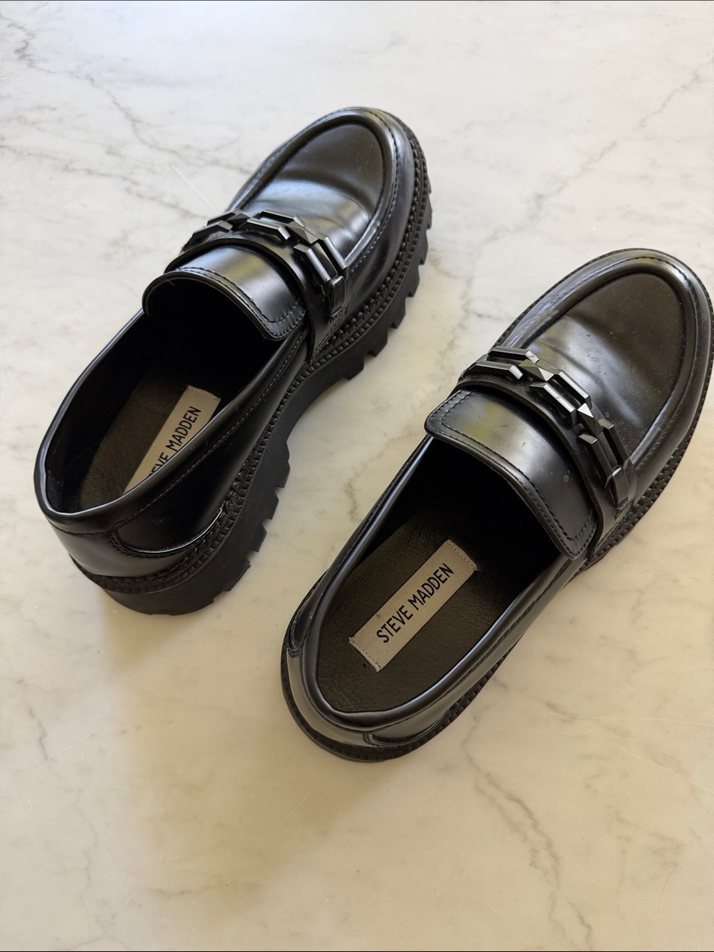 Steve Madden Black Leather Lug Sole Slip-On Loafers